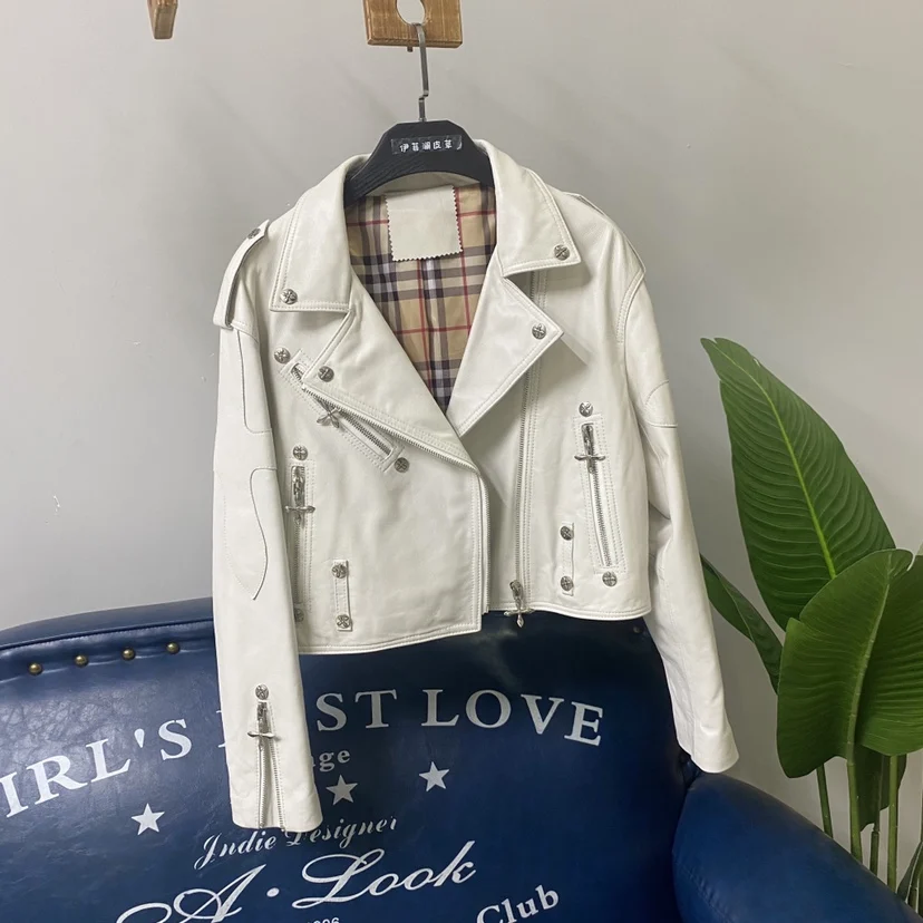   Ning 本革 Jaet レディース オートバイ スリムフィット リベット ジッパー アウターウェア