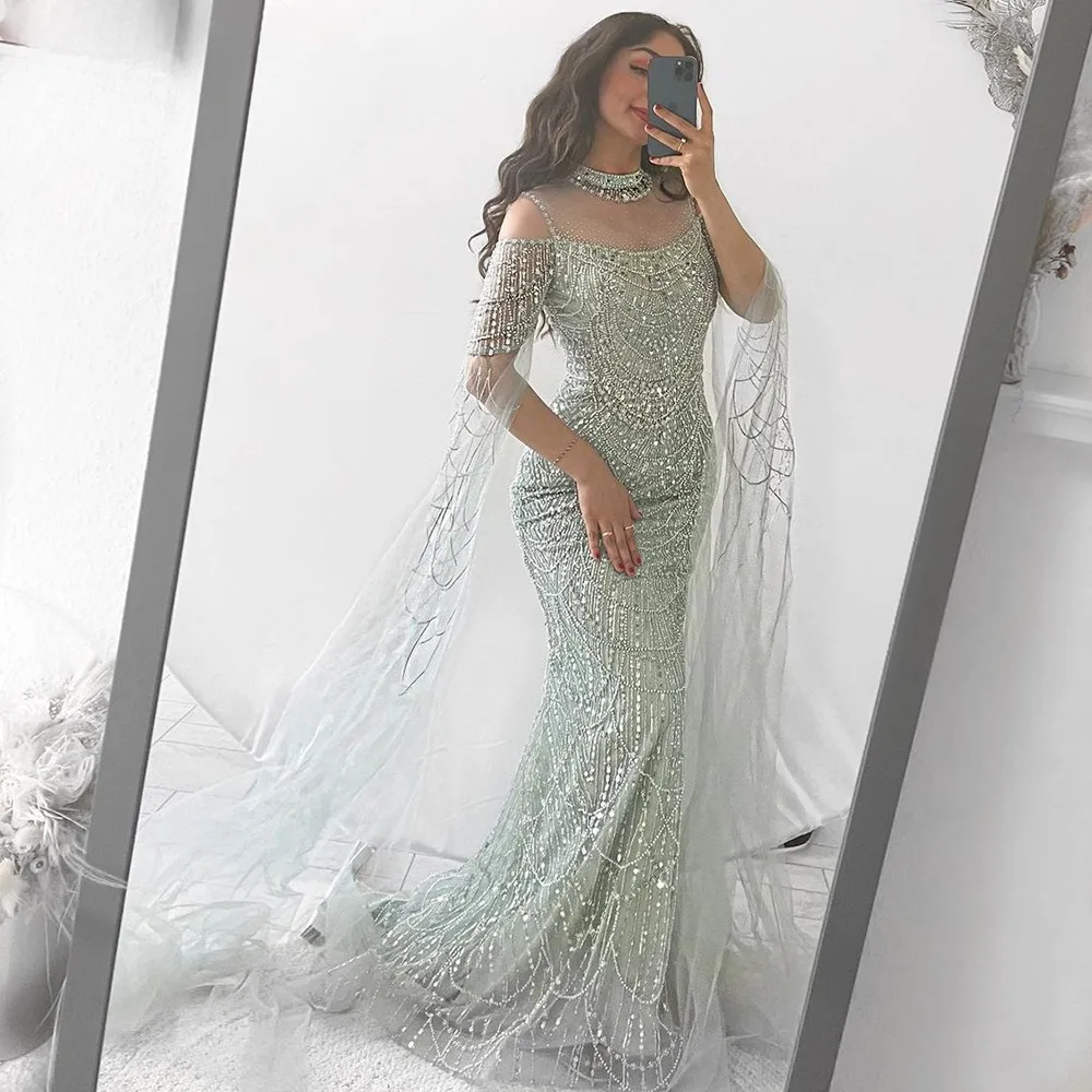 Luxury Mermaid Evening Dress with Cape for Women Sparkly Beads Pearls High Neck Long Formal Prom Wedding Party Gown Vestido