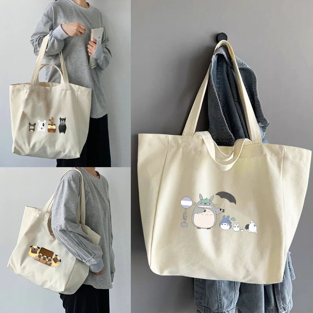 

Foldable Reusable Women Shopping Bags Casual Student Canvas Tote Bags Shopper Bags 2022 Cartoon Pattern Print Shoulder Bag