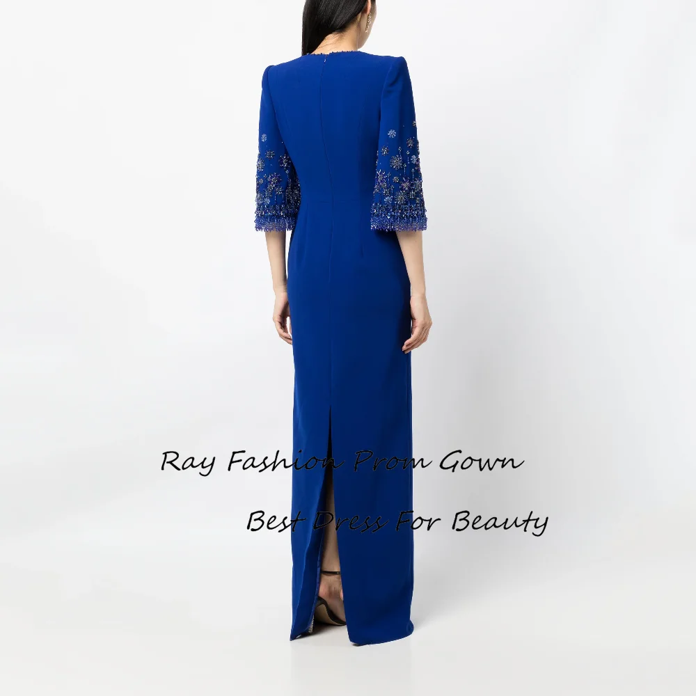 Ray Fashion Straight Prom Dress O Neck Half Puff Sleeves With Beading Crystal Women Formal Occasions فساتين سهرة Saudi Arabia