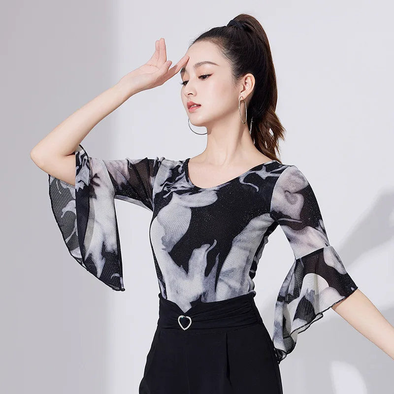 Summer Ballroom Latin Dance Tops New Mesh Printing Leopard High-end Adult Costumes International Standard Modern Dance Clothes