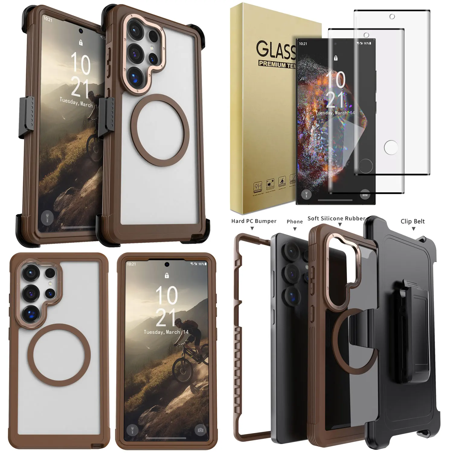 

For Samsung For Galaxy S24/Plus/Ultra/FE Magnetic Rugged Case Cover Clear/Brown +Belt Clip +2PCS Tempered Glass Screen Protector