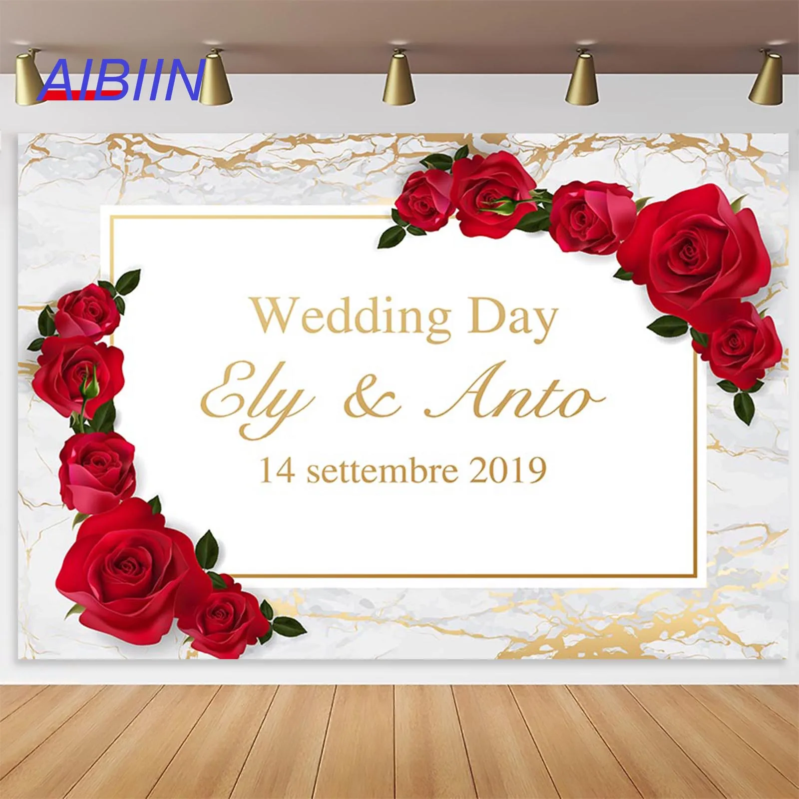 

AIBIIN Wedding Marriage Party Backdrop Customize Text Marble Floors Red Rose Flower Photography Background Bride and Groom Decor