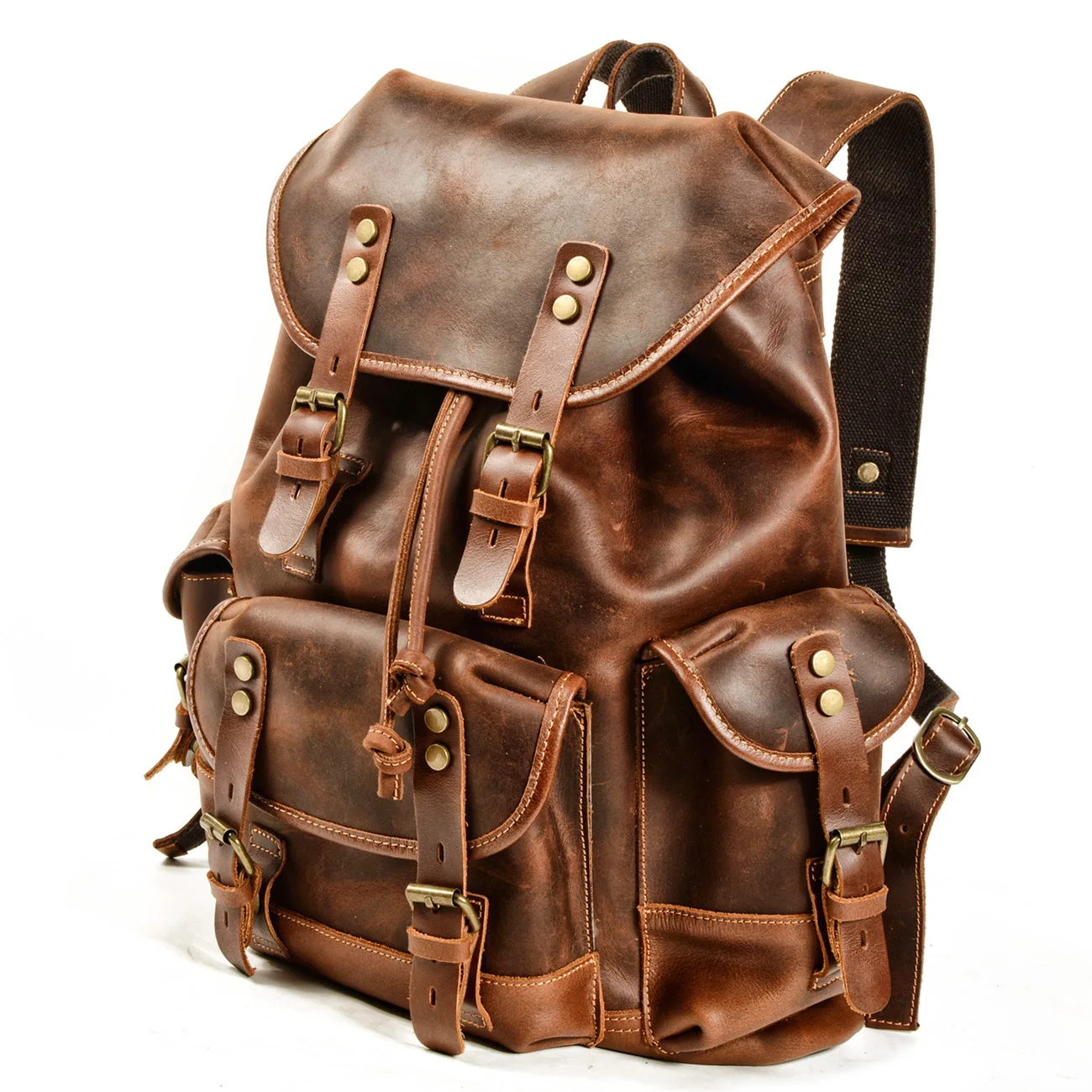 HY Men Large Casual Travel Backpack Genuine Leather String Solid Bags