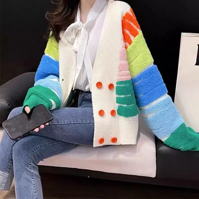 Leisure Korean Loose Internet Celebrity Color Blocked Sweater 2024 Autumn/winter Fashion New Women's Knitted Cardigan Jacket