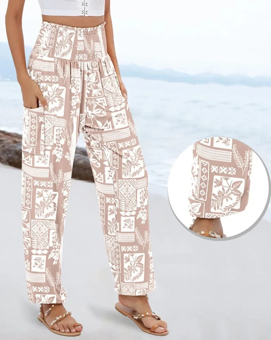Damen Boho Bedruckte Haremshose mit Hoher Taille, Elastischem Bund, Seitentaschen, Lockere Hose für Strandurlaub und Freizeit – Detail 5