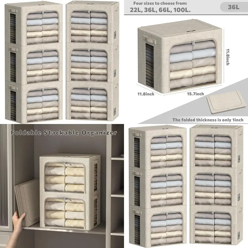 

Складные тканевые корзины для хранения с прозрачным окном, 36 л, бежевые, 15,7x11,8x11,8 дюймов