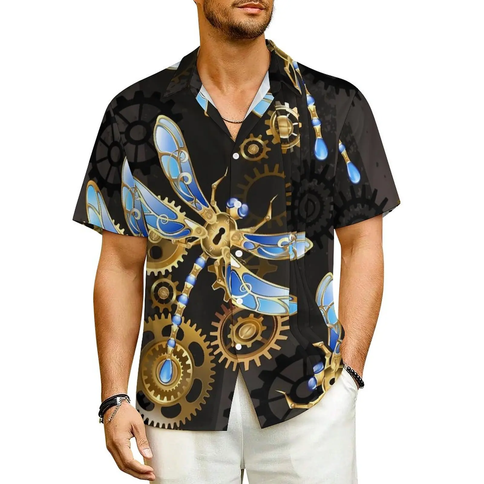 

Steampunk Dragonflies Summer Shirt For Man Beach Abstract Animal Casual Shirts Short Sleeve Y2K Funny Vintage Oversized Blouses