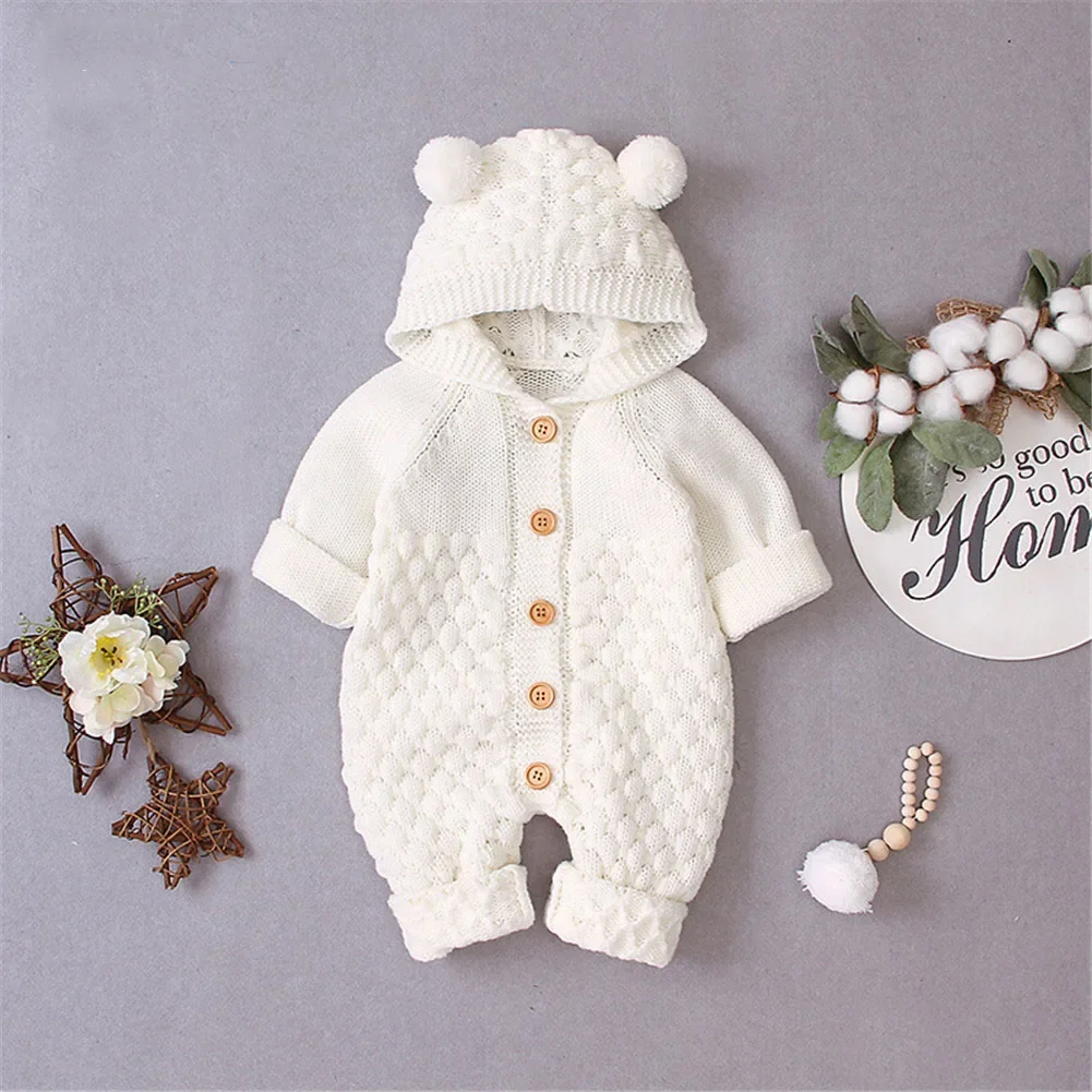 Baby Girls Bear Ear Knit Romper Boys Hooded Newborn Sweater Kids Jumpsuit  Babys Outfit Autumn Winter