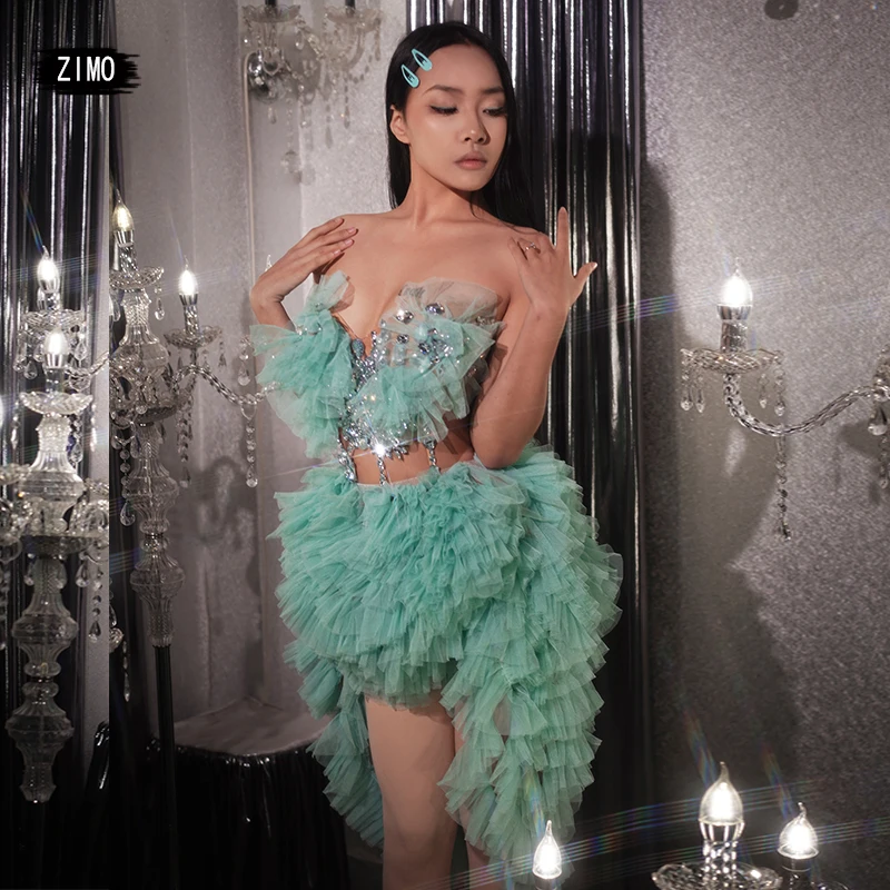 

Women New Sexy Mesh Rhinestone Dress Birthday Party Ball Evening-dress Nightclub Stage Bar Dance Performance Costume