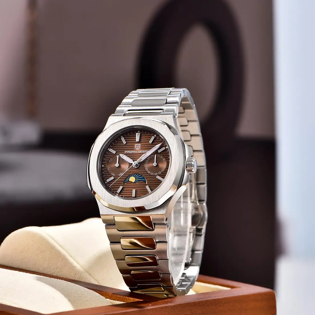 PAGANI DESIGN PD-1786 Relojes de cuarzo para mujer Reloj de pulsera resistente al agua de acero inoxidable de lujo de 32 mm con fase lunar