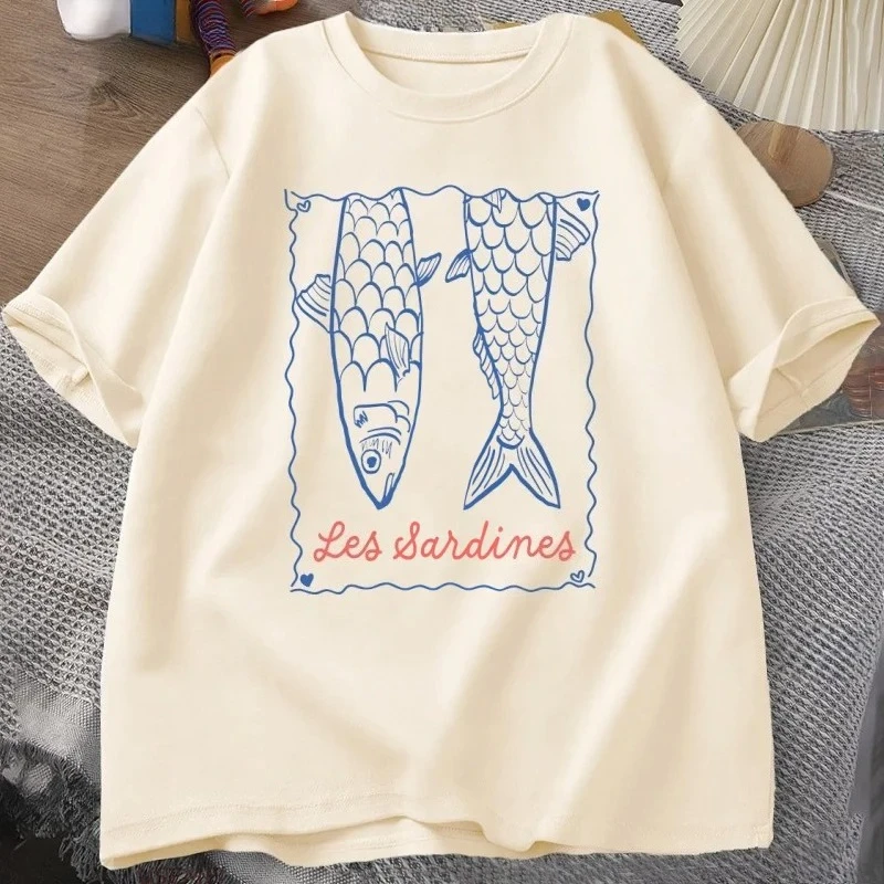 Fashion Sardine T-shirt Aesthetic Fish T-shirt Summer Short-sleeved Coast T-shirt Ocean Women's Casual Wear T-shirt Graphic Y2K