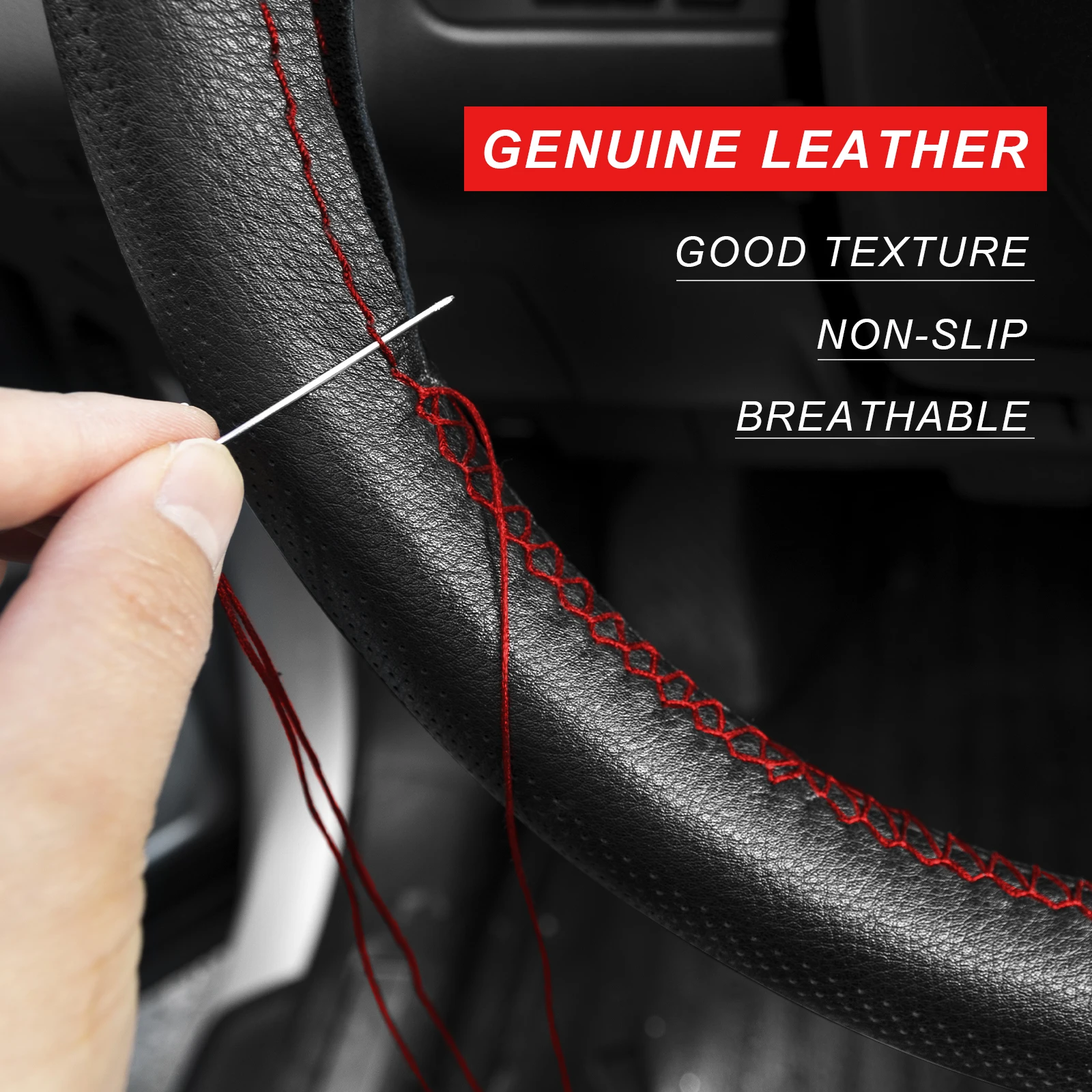 38cm 15'' Genuine Luxury Cowhide Leather Red Thread Steering Wheel Cover Protector Kit DIY Sewing Punched Vehicle Thread Needle