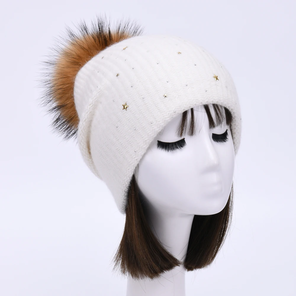 Luxyonuo Woman Winter Hat with Real Raccoon Fur Pompom Soft Wool Blend Knit Beanies Super Warm Double Layer Wool Hat New Arrival