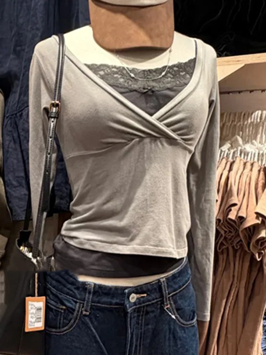 Solid V-neck  Long Sleeve Corp Tees Women Casual  Simple BasicCotton Slim Cropped T-shirts Vintage Sweet TShirt Y2K Tops
