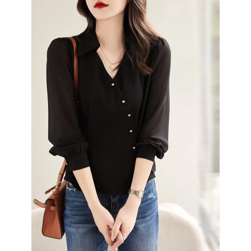 2023 New Spring and Summer Elegance Commuting Simple and Western Style Flip V-neck Loose Oversize Design for Women\'s Shirt Trend