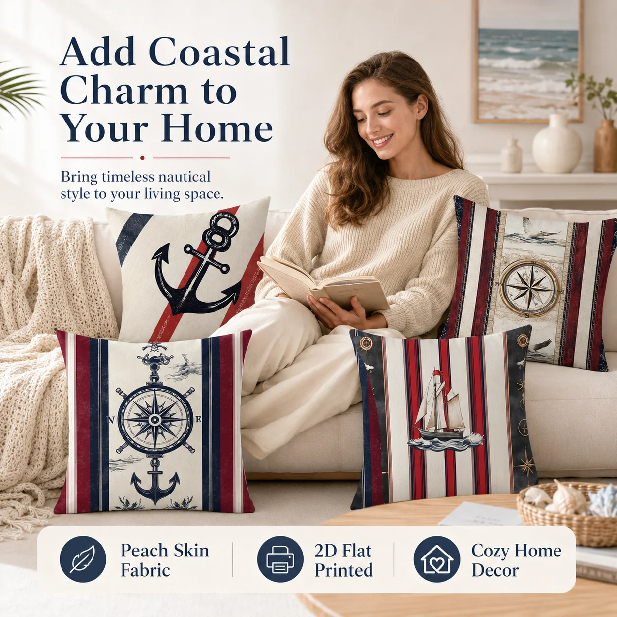 4Pcs Nautical Anchor Cushion Covers 2D Flat Printed Peach Skin Coastal Room Decor Coussin Sailboat Sofa Throw Pillowcases Set