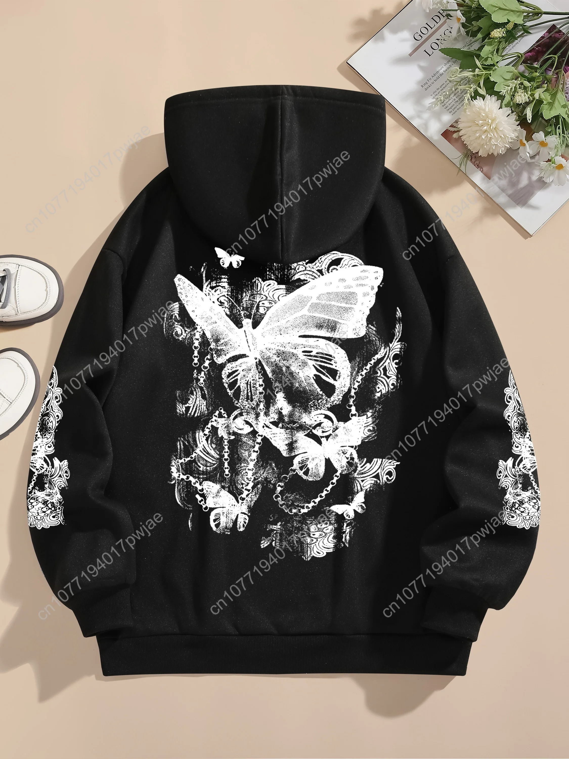 Moletom com capuz com cordão e estampa de borboleta, moletom casual de manga comprida com bolso canguru, roupas femininas