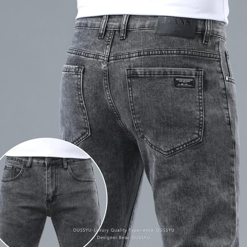 Spring Summer Stretch Pencil Cargo Jeans Gray Men High Street Casual Denim Trousers Fashion Straight Little Feet Men's Pants Man