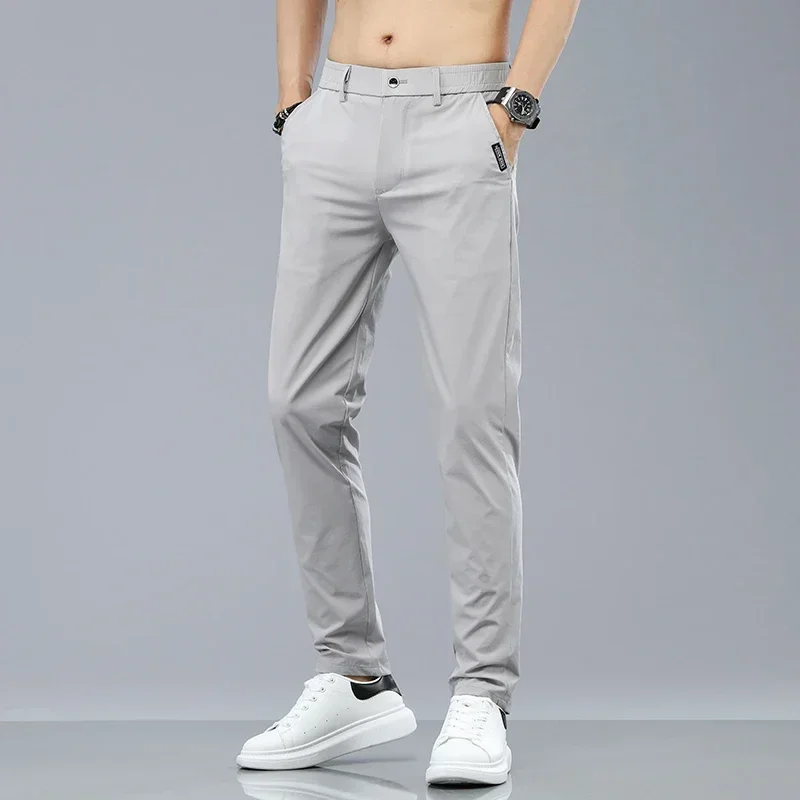 Summer Ice Silk Stretch Casual Pants Men Thin Soft Fashion Business Elastic Korean Slim Male Clothes Trousers Gray Black Green