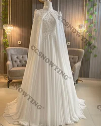 Chiffon Appliques Long Sleeve Muslim Wedding Dress for Bride with Cape Islamic Bridal Gowns High Neck Arabic Robe De Mariée