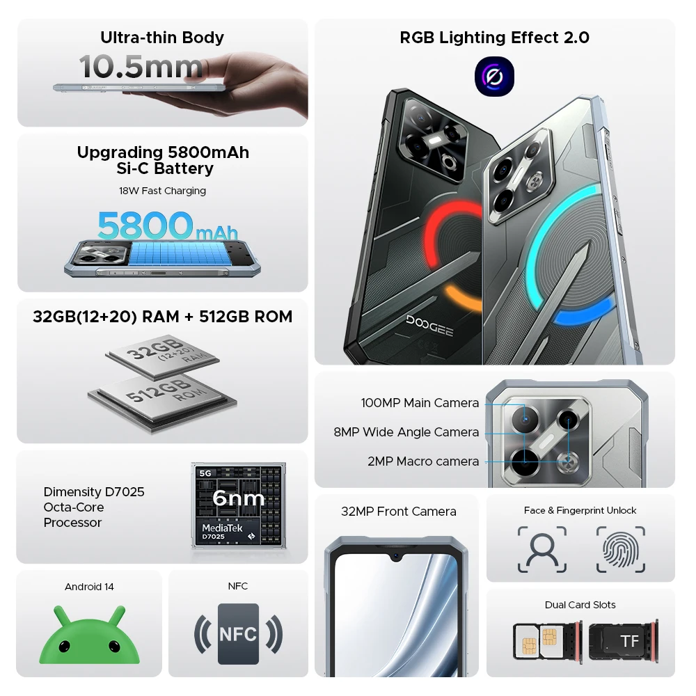 DOOGEE Blade GT Pro 5G هاتف متين تأثير ضوء LED 6.72 بوصة 120 هرتز 32 جيجابايت (12 +20) 512 جيجابايت 10.5 ملم رفيع للغاية 100 ميجابكسل AI كاميرا الهاتف المحمول