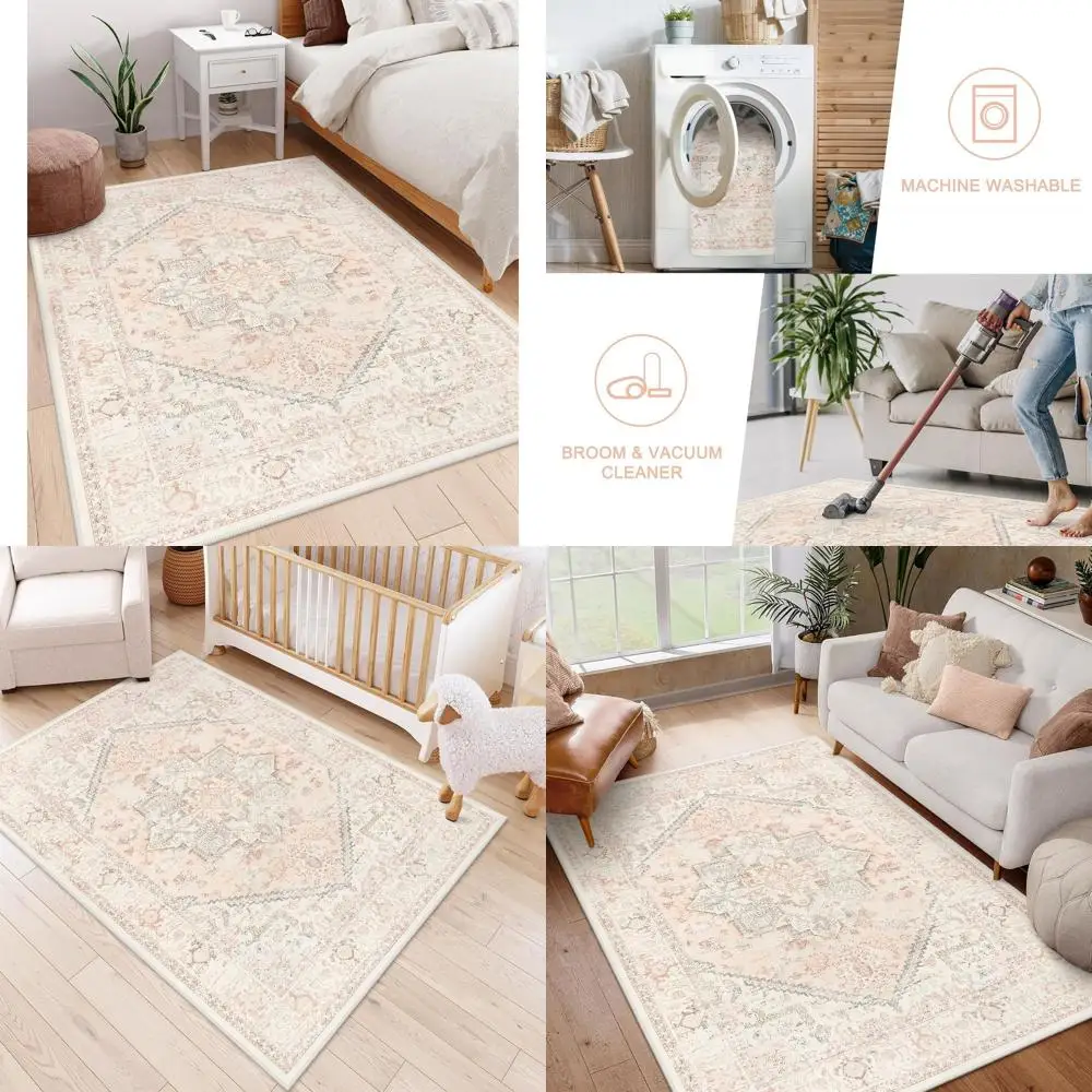 

Soft Pink 5x7 Rug - Non-Slip Bedroom Rugs for Girls, Washable Vintage Aesthetic Rugs for Nursery and Dining Rooms, Distressed Re