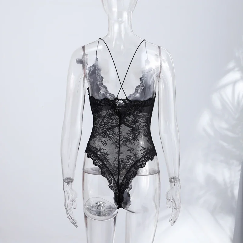 Sexy Schwarzer Damen-Spitzenbody, schmal geschnitten, Neckholder, rückenfrei, ärmellos, Party- und Abend-Jumpsuit, Sommer 2026, kurzer Damen-Jumpsuit – Detail 2