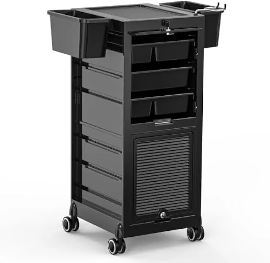 Salon Trolley Cart Hair Stylist Station Lockable Doors Rolling Hair Cart Organizer Drawers Bucket Dryer Holder Barber Shop Haird