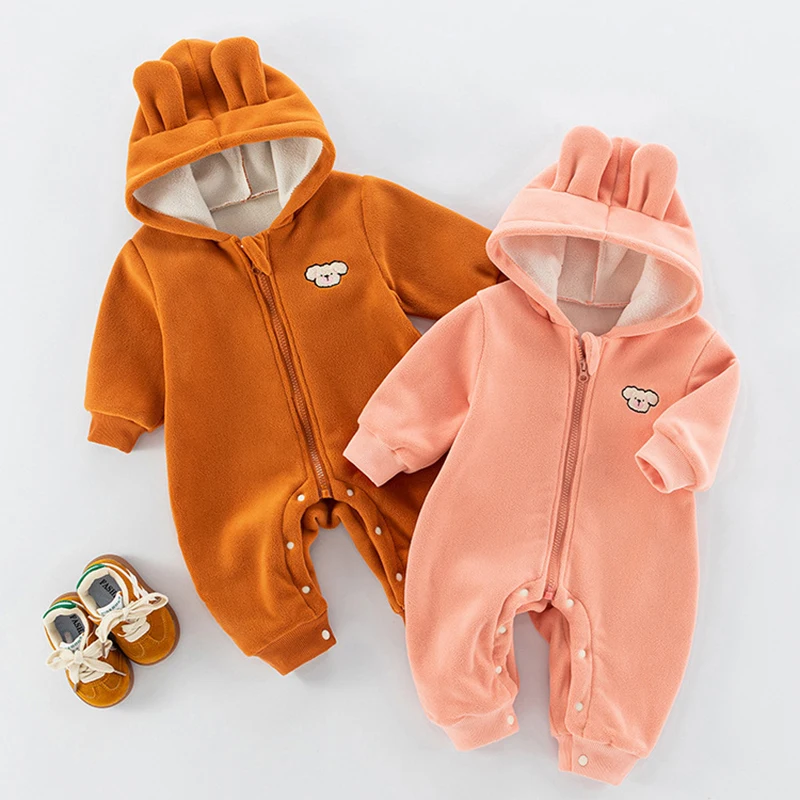 MILANCEL New Autumn Baby Clothes 3-24M Infant Girls Double-sided Fleece Romper Boys Solid Color Cartoon Hooded Jumpsuit