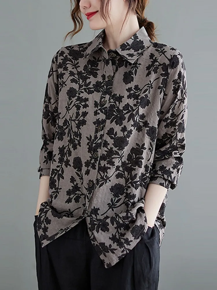 Women Long Sleeve Casual Shirts New 2022 Spring Vintage Style Floral Print All-match Loose Female Cotton Tops Shirt B1697