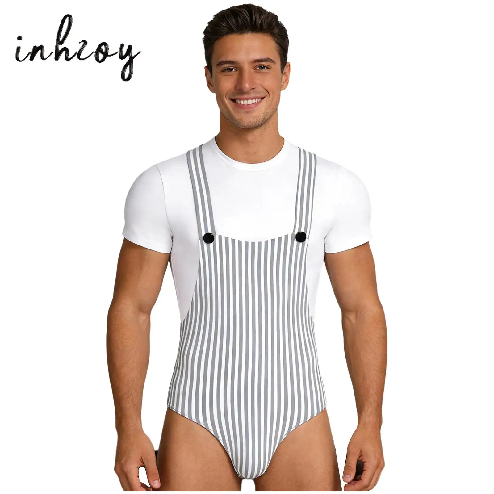 Men's Button Short Sleeve Jumpsuit Comfortable Striped Loose High Elastic Home Clothes Sleepwear Fake 2-piece Leotard Lounging