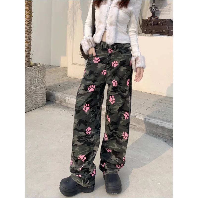 

Women' Bottoms Vintage Green High Waist Jeans Casual Straight Wide Leg Pants High Street Female NEW Baggy Printing Denim Trouser