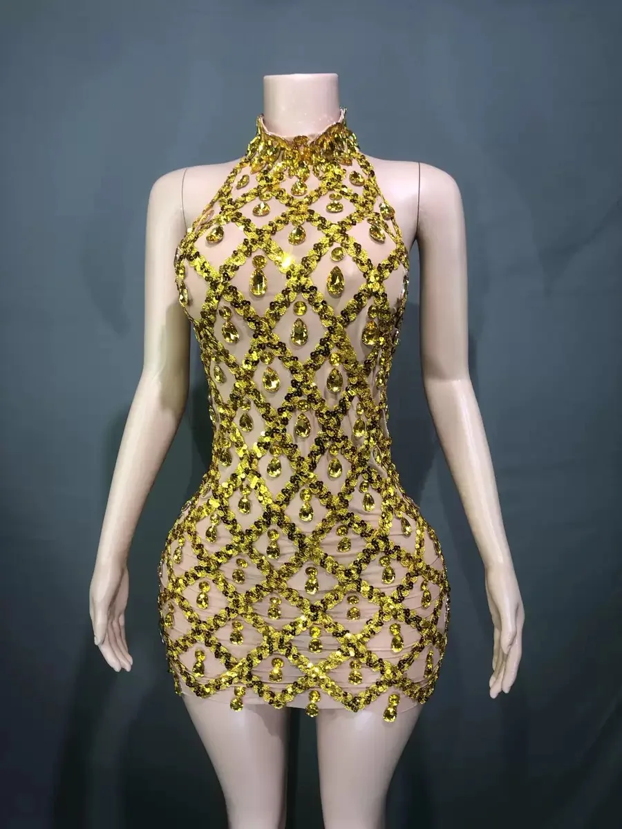 Luxury Sparkling Diamonds Mesh Sexy Throug Mini Dress Fashion Woman Birthday Party Dress Stage Performance Costume