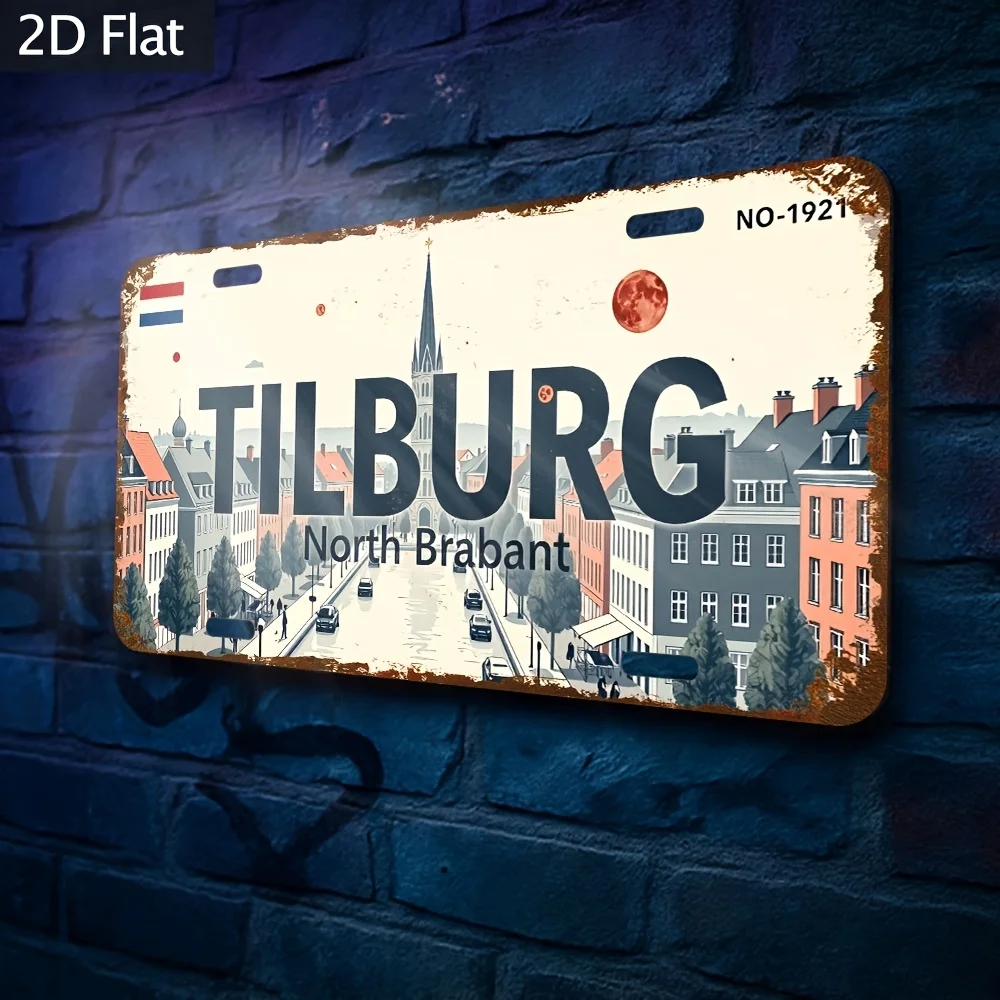 2D Flat, Vintage Dutch Tilburg City Wall Art Plaque - Aluminum Metal Sign Suitable for Cafe, Bar, Library
