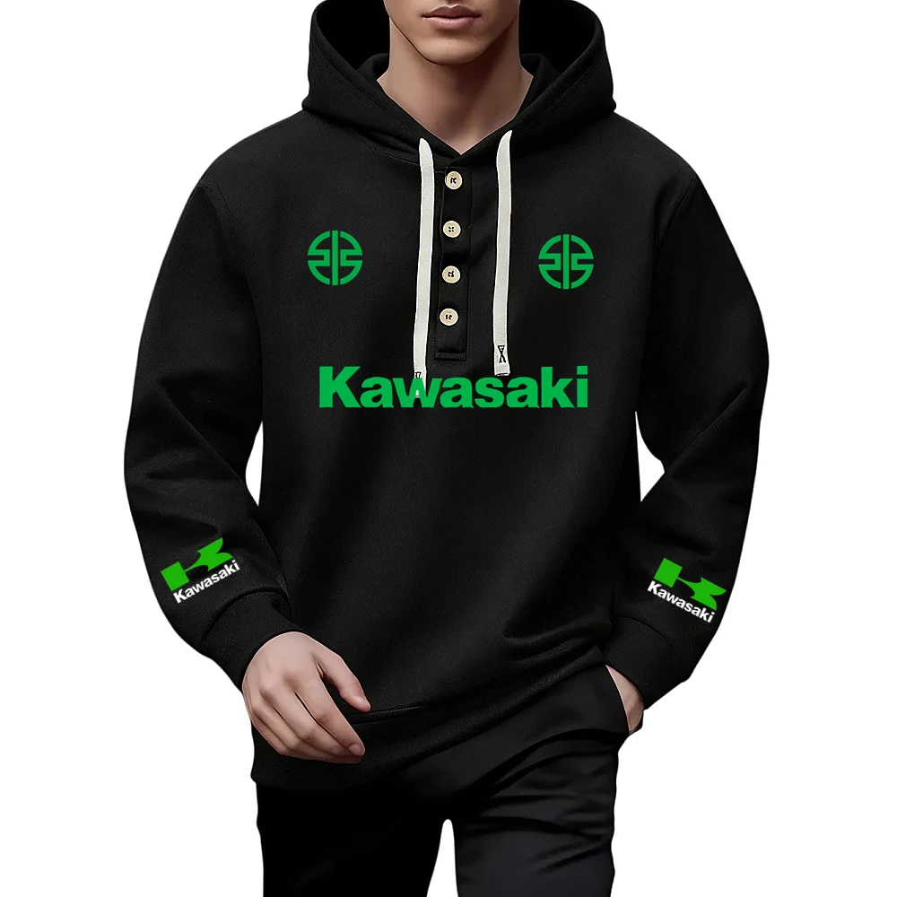 

New KAWASAKI racing team logo hoodie, chest button hoodie, autumn and winter men's and women's fashionable casual sports top