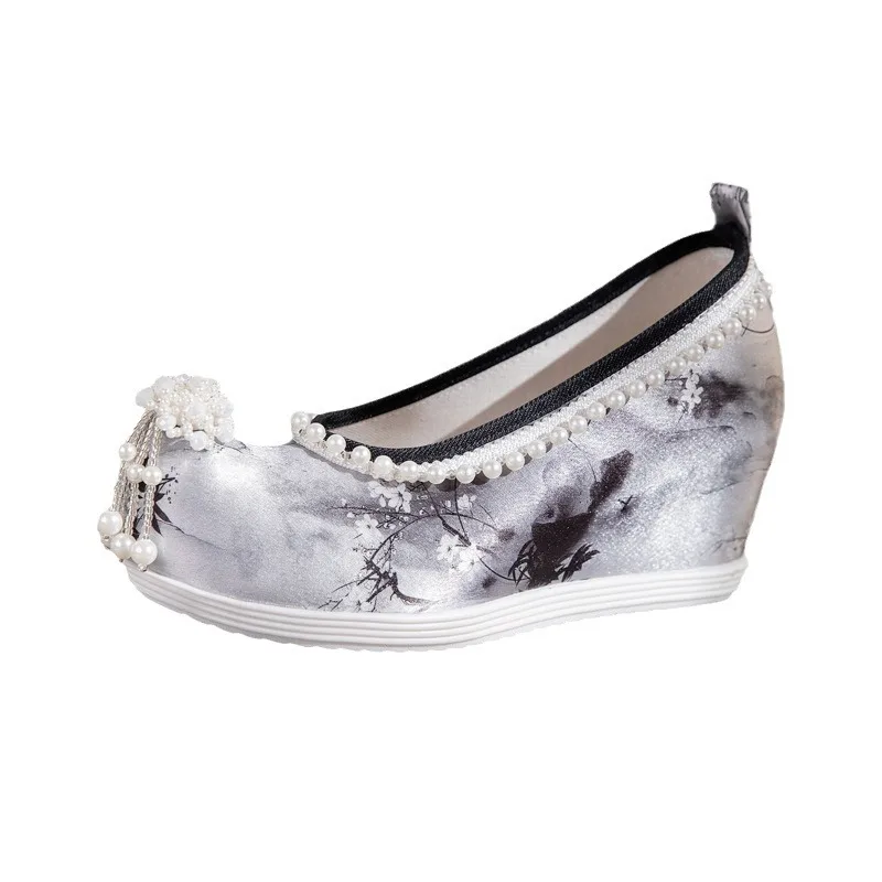 新しいグラデーション絞り染め風景画フラワービーズ反り刺繍靴漢民族服女性