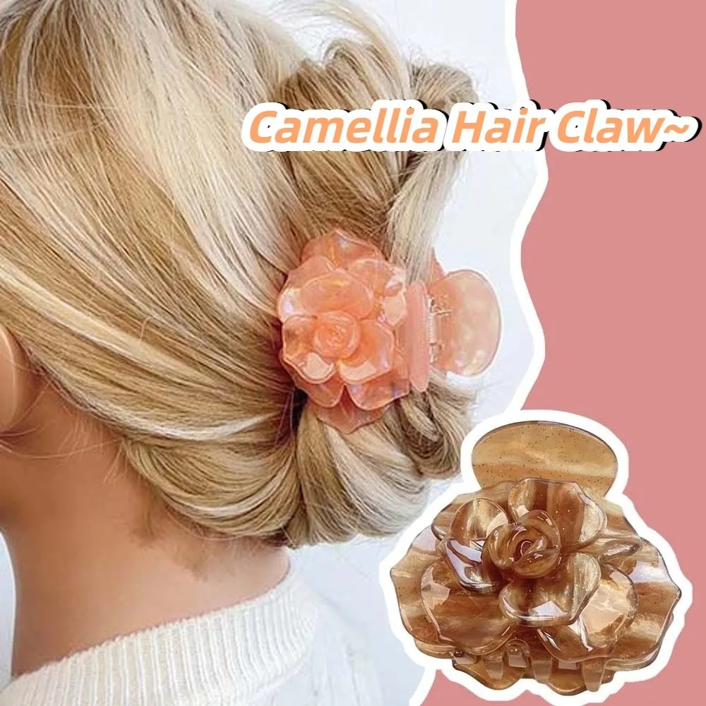 

Elegant Camellia Hair Claw Gradient Color Korean Style Flower Shark Clip Creative Hairgrips Acetic Acid Hair Claw Daily