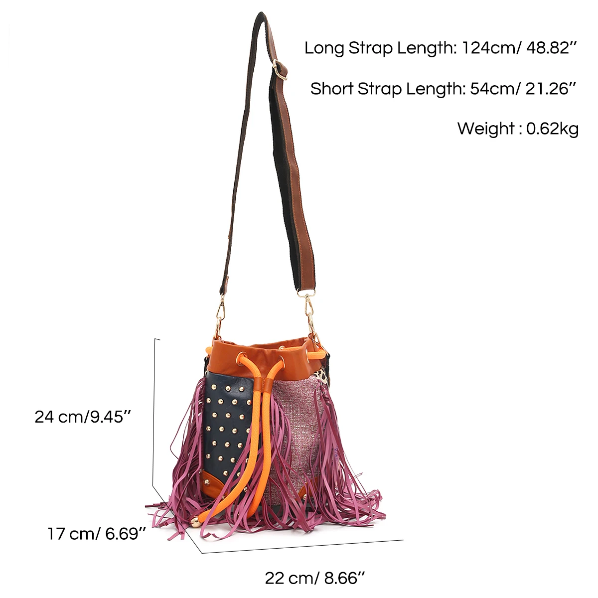 Women Retro Cowhide Tassel Handbag Luxury Rivets Colorful Patchwork Leopard Print Bucket Purse Casual Cross body Shoulder Bag