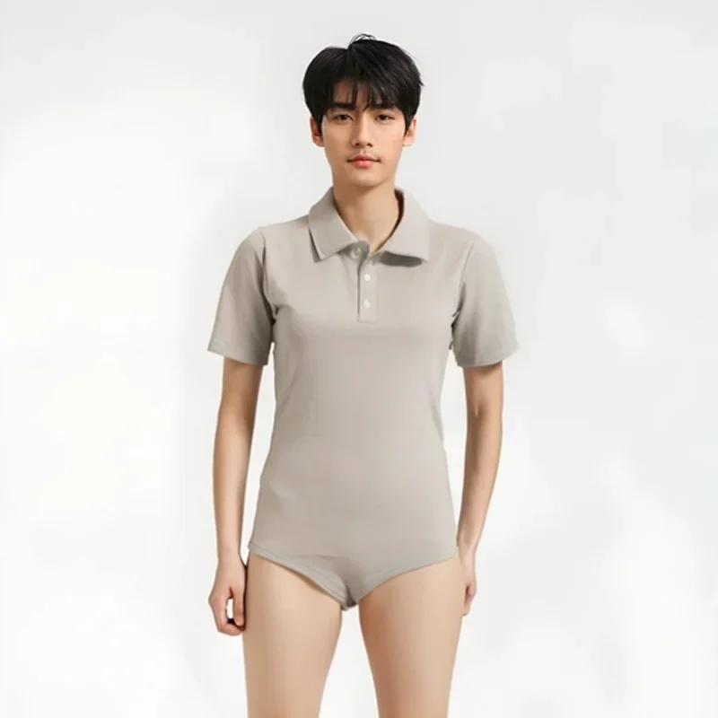 Men's Adult Pure Cotton Grey Bodysuit /Women Adult Lapel Onesie/Adult Polo Bodysuit/ABDL Soft Comfortable Couple Home Playsuits