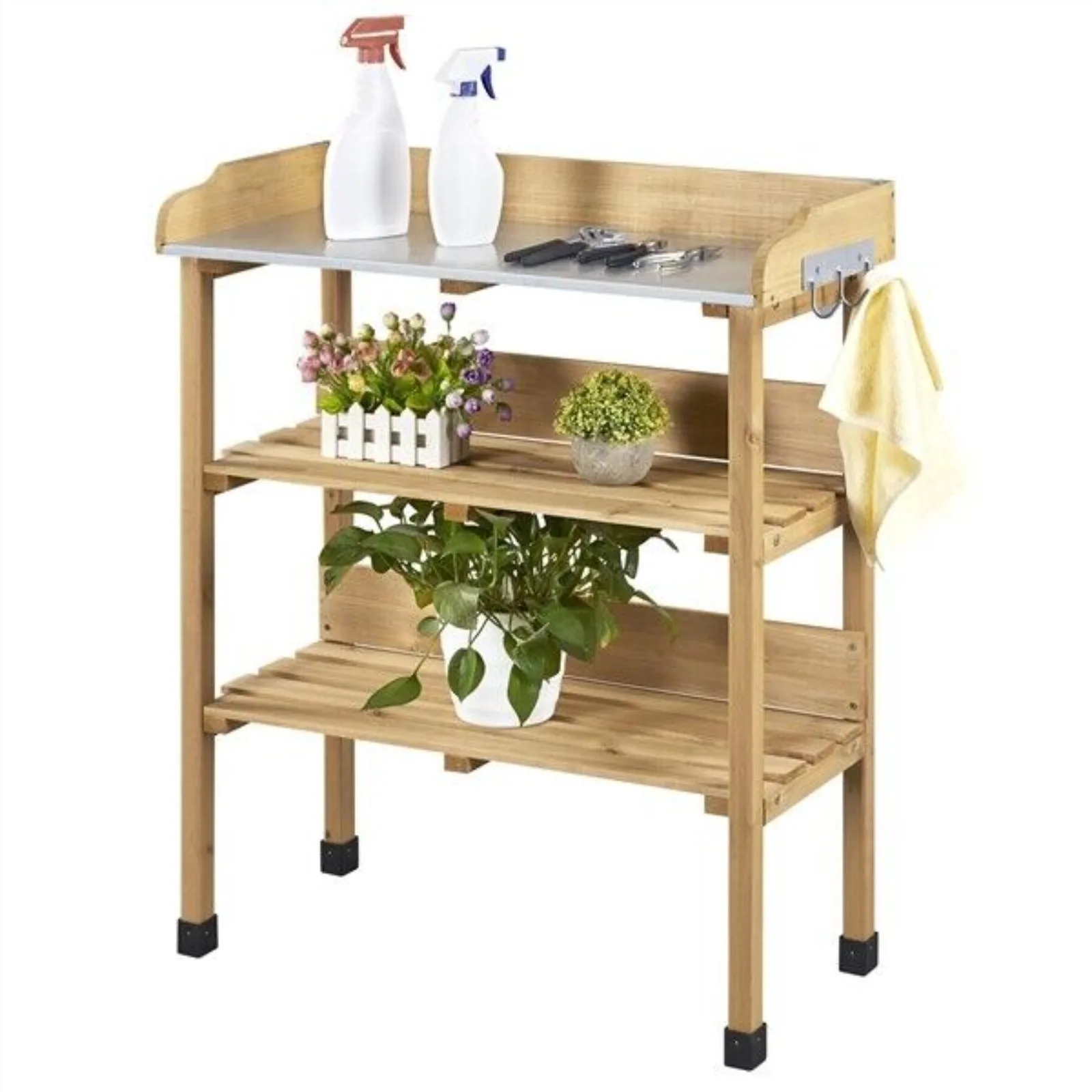 

US Garden 3 Tier Potting Bench Table Outdoor Work Station Workbench Natural Wood