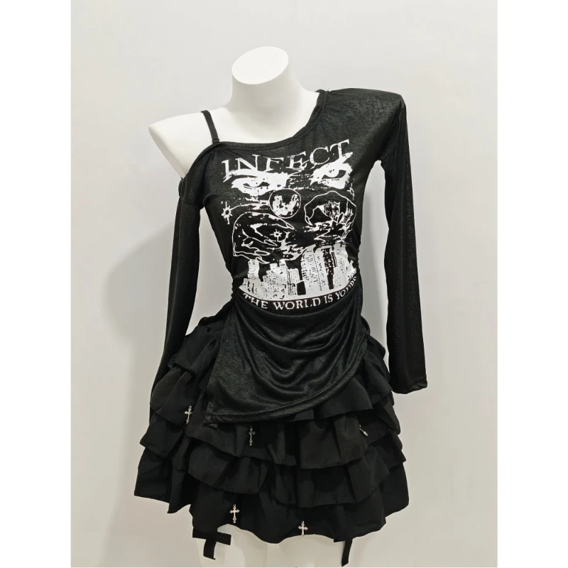 Y2k Subculture Long Sleeve Tee + Short Black Dress Two-Piece Dress Sets Women Casual Gothic Print Solid Color Letter Skew Neck
