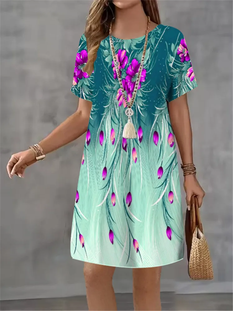 Fashion Women Dress Flower Print Pattern Design Sense Pattern Summer Elegant Women A-Line Dress Casual Short Sleeve Mini Dress