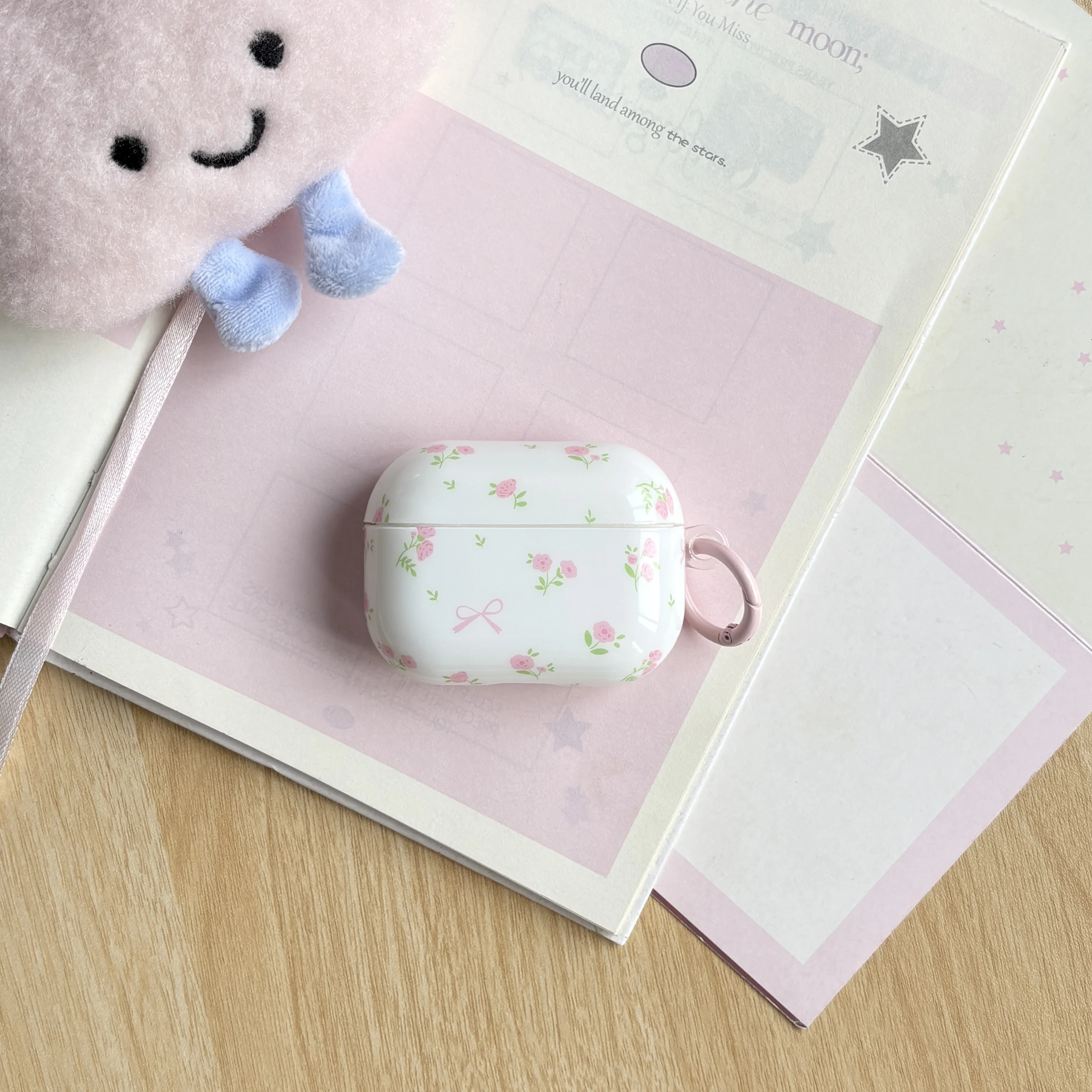 Simple Cute Pink Small Floral Lines Bowknot Pattern Glossy White Earphone Case Cover Case For AirPods 1 2 3 4 5 Pro Pro2 Pro3