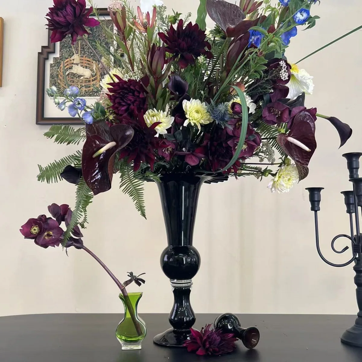 medieval French black goblet glass flower vase high home decoration