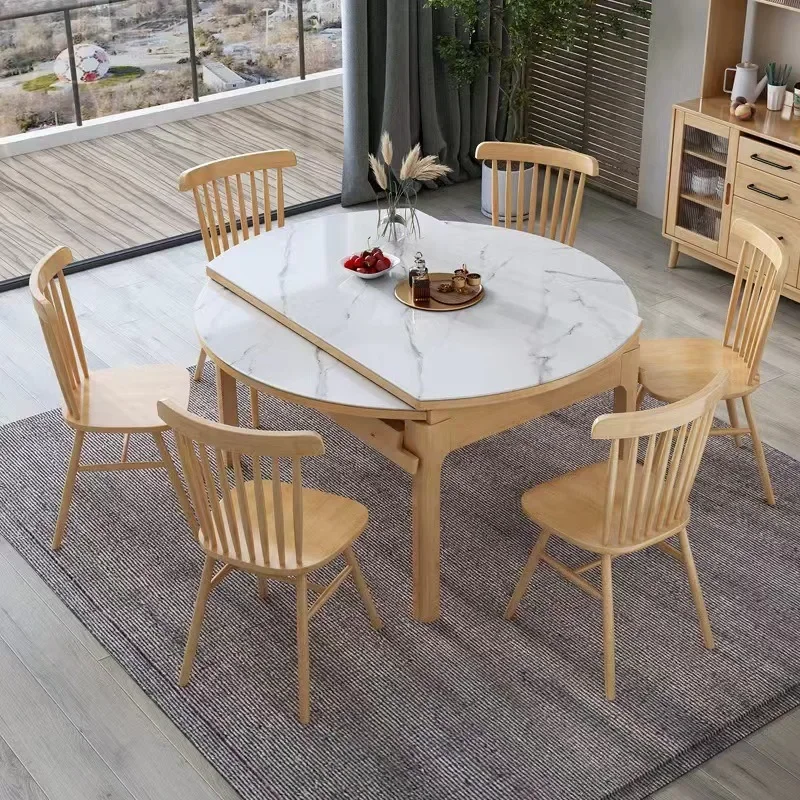 Modern Simple Dining Table And Chair Household Folding Telescopic Round Table Rubber Wood Solid Wood Table Dining