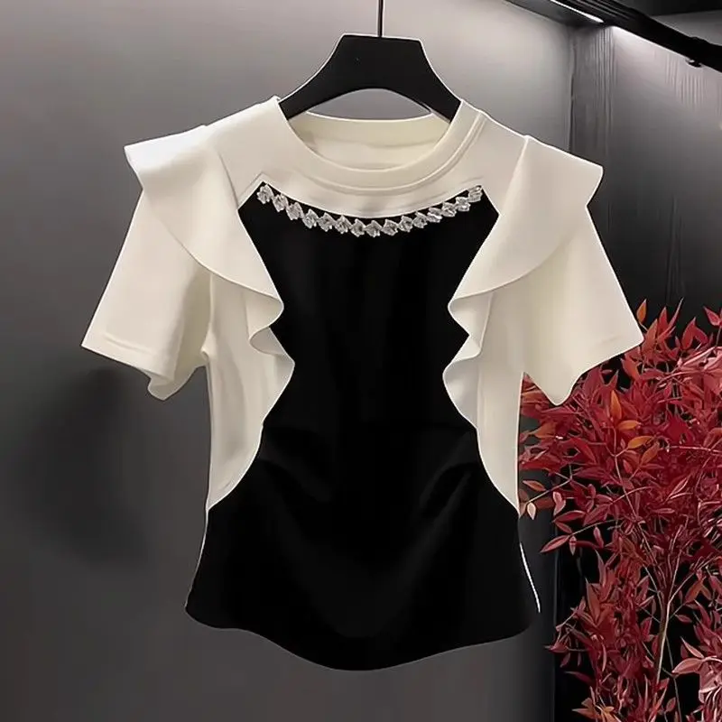 

England Commuter Ruffles Color Blocked 2024 Summer New Short Sleeve Tees Women's Patchwork Round Neck Diamonds Slim T-shirt Tops