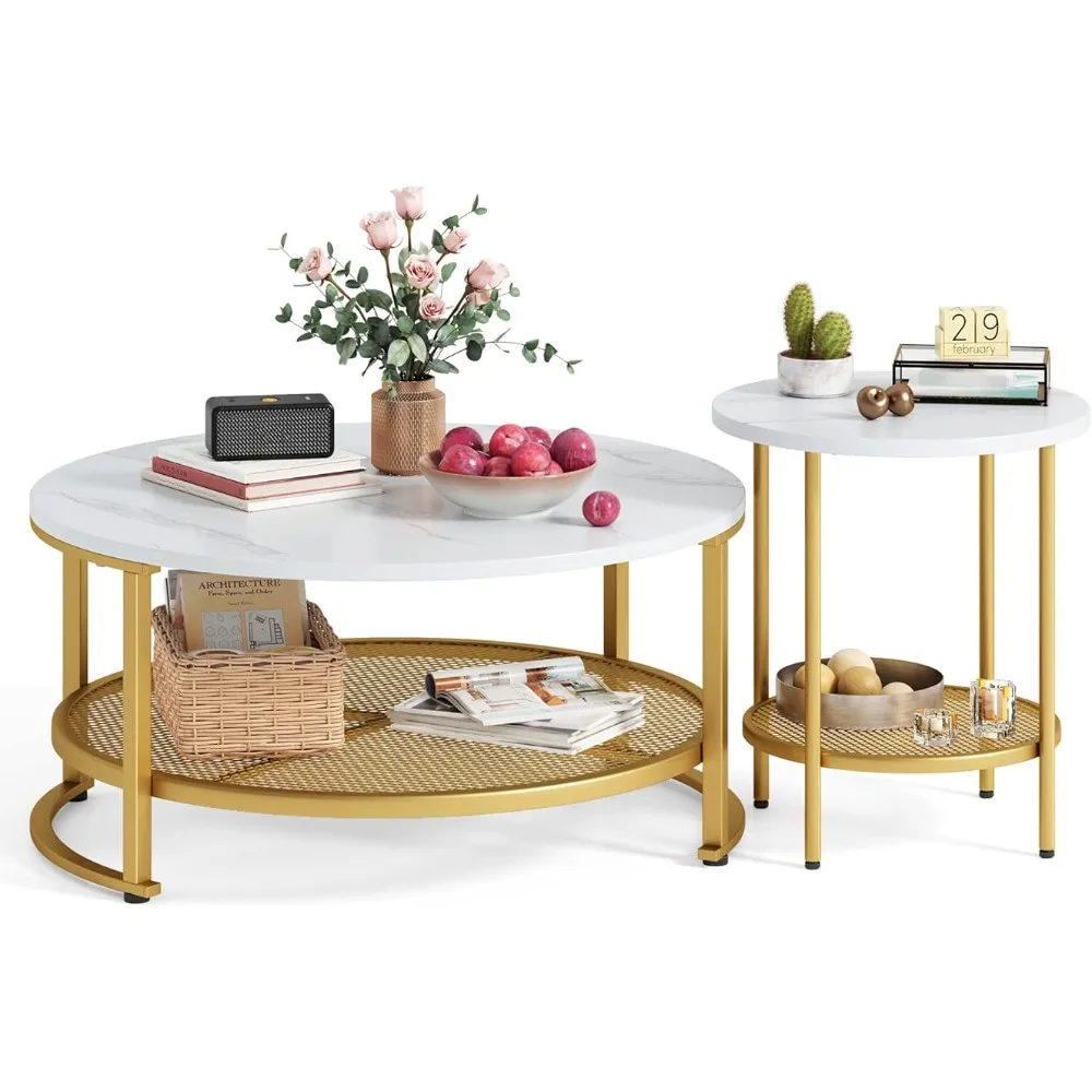 Table basse ronde moderne avec rangement ouvert, table latérale Mesa Home, blanc et or, sans fret, ensemble de 2