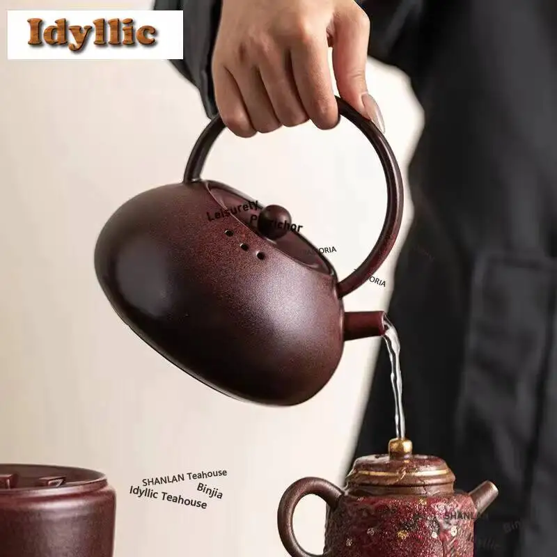 800Ml Retro Black Pottery Lifting Handle Pot Chinese Kiln Change Red Teapot Surrounding Stove Boiling Tea Kettle Kung Fu Teaset