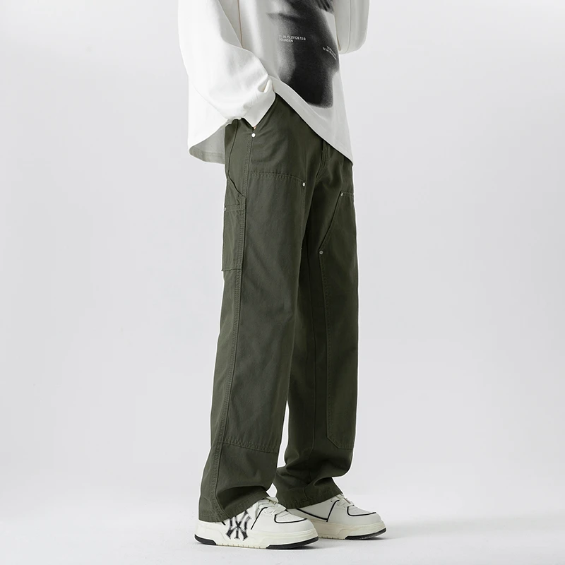 Men's Military Green Casual Pants, Oversized Design with Narrow Straight Leg, Perfect for Spring Outfits